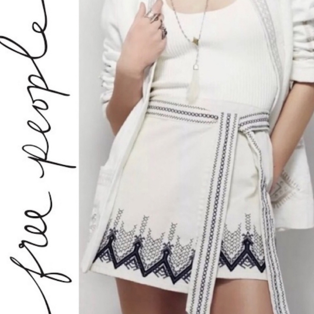 Free People Dream Away Hendrix Ivory Denim Embroidered Wrap Mini Skirt Boho 4